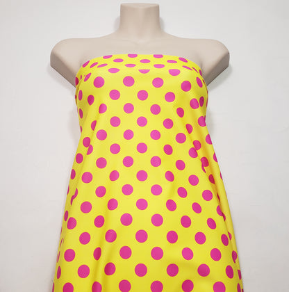 Bright Lemon Yellow & Hot Pink Polka Dot 4-Way Stretch Nylon Spandex Swimsuit Fabric