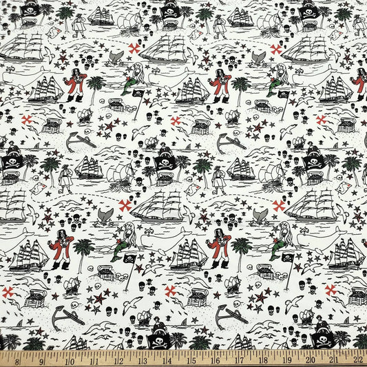 Pirates, Sirens, Whales and Ships Treasure Map Print Single Spandex Swimwear Fabric
