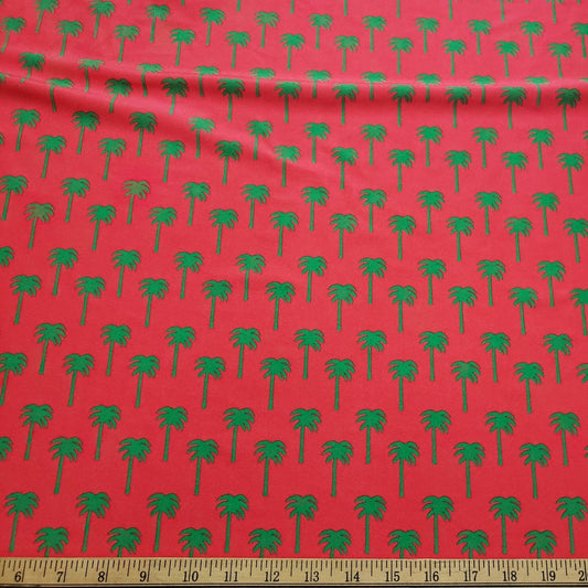 Green Palm Trees Silhouettes Print on Red Nylon Spandex swimsuit Fabric Cuts Measuring 32"x60"