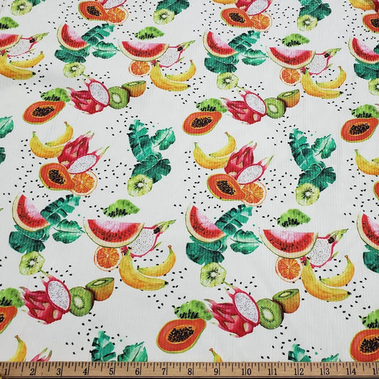 Tropical Fruits on Ivory Ribbed Swimsuit Spandex Fabric, 45" Wide