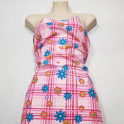 Pink Plaid with Flowers and Butterflies Print Cotton Fabric