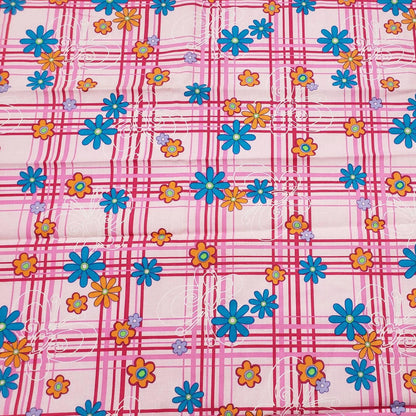Pink Plaid with Flowers and Butterflies Print Cotton Fabric