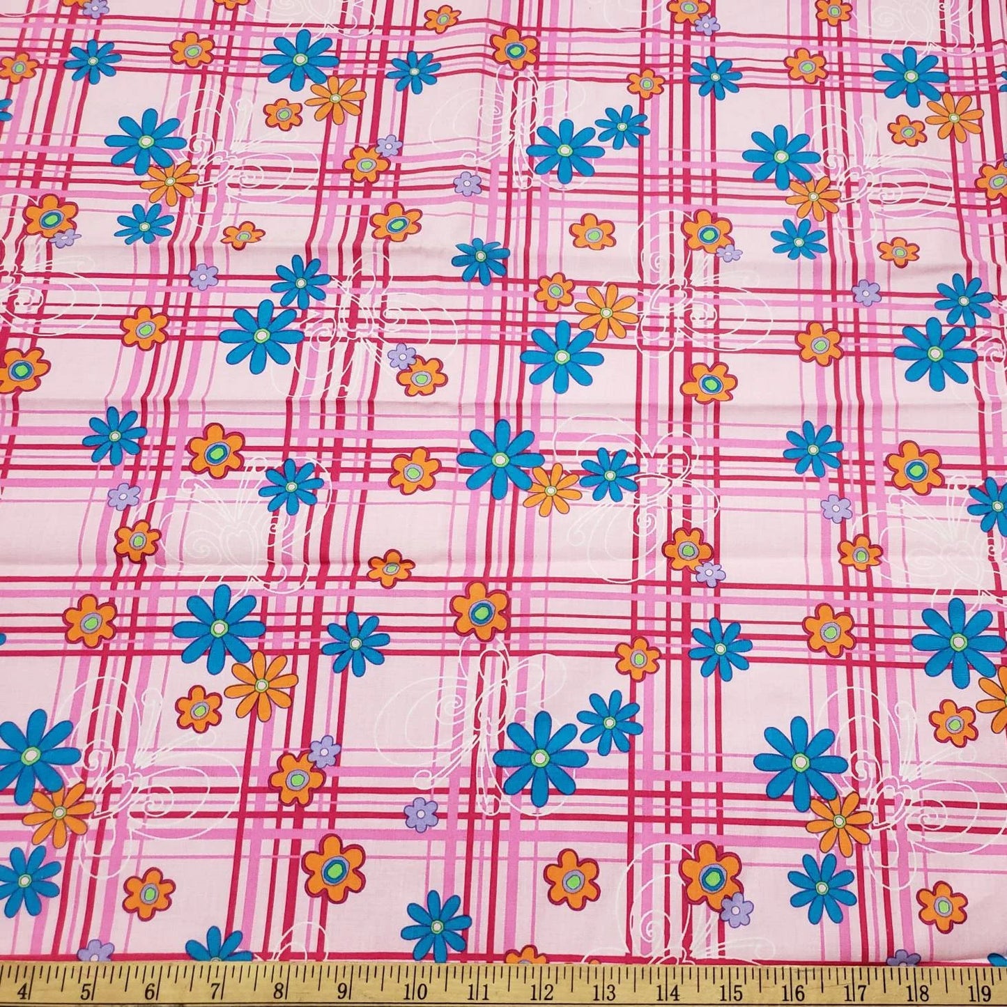 Pink Plaid with Flowers and Butterflies Print Cotton Fabric