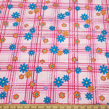Pink Plaid with Flowers and Butterflies Print Cotton Fabric