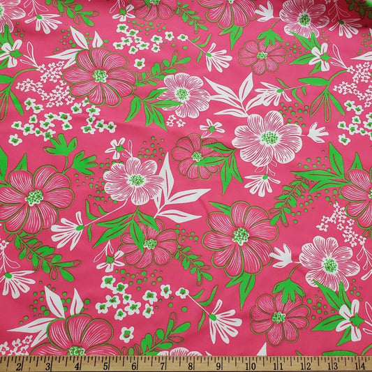 Flowers and Leaves Print on Hot Pink Swimsuit Nylon Spandex Fabric