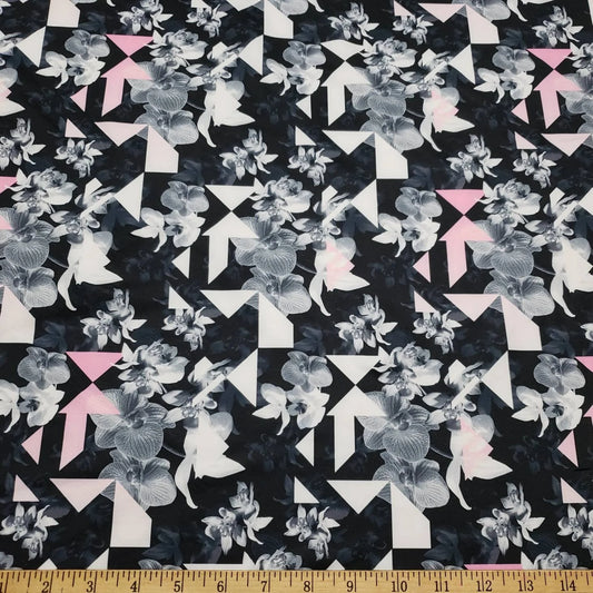 Gray Orchids and Triangles Abstract Print Swimsuit Spandex Fabric