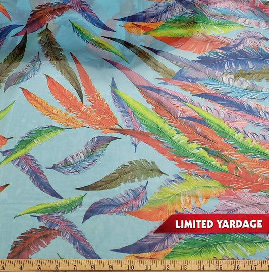 Colorful Feathers Print on Blue Chiffon Fabric