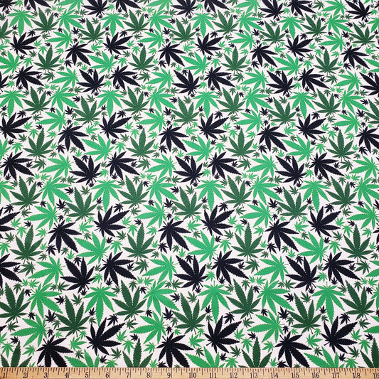 Green & Black Cannabis Leaf Polyester Poplin Fabric