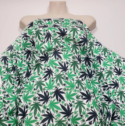 Green & Black Cannabis Leaf Polyester Poplin Fabric