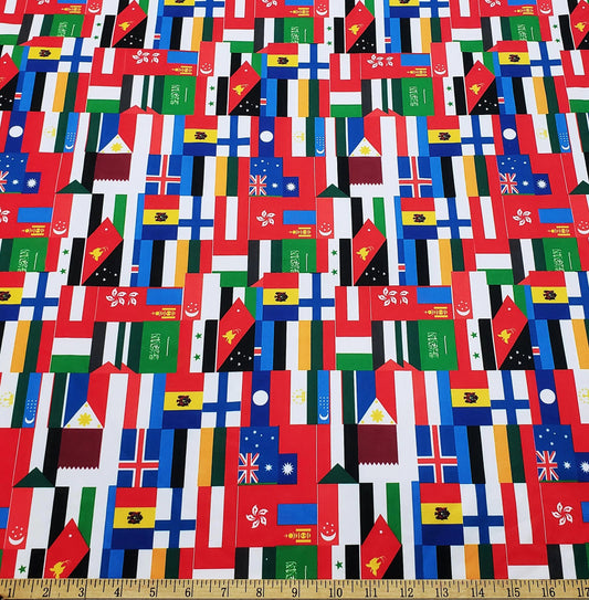 Flags of the World Print – 4-Way Stretch White Nylon Spandex Fabric
